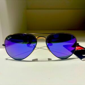 Purple reflective Ray Ban Aviator sunglasses for a small face